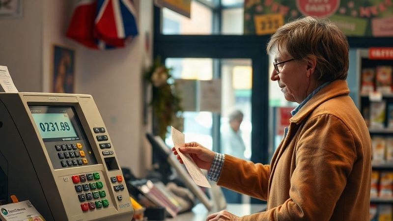 Customer at a UK newsagent counter buying a lottery ticket