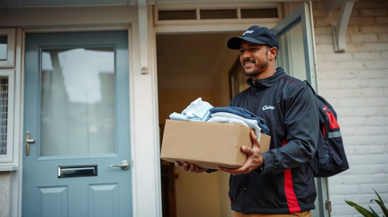Clothing parcel being delivered to the front door of a British home
