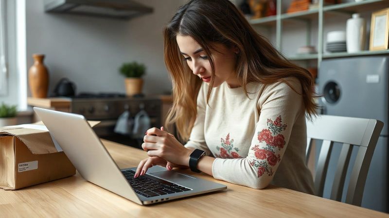 Woman comparing prices on a phone and laptop beside an unopened parcel