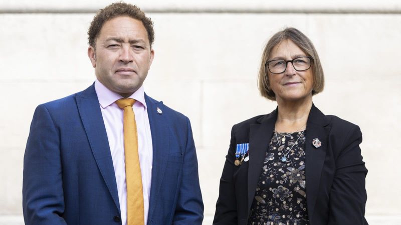 Minister for Veterans and People Calvin Bailey and Mikki Brett laying wreaths at the Cenotaph in Whitehall