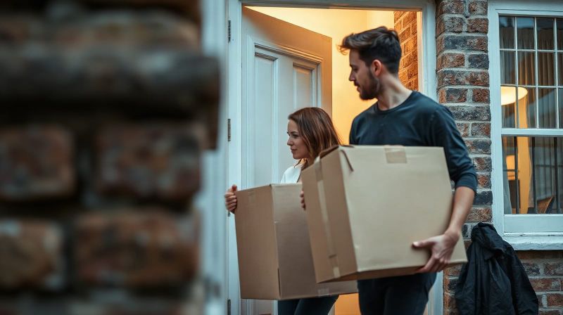 Young couple carrying boxes into a rented terraced flat