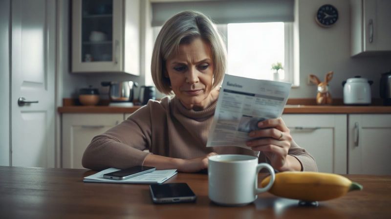 A woman at a kitchen table reviewing a paper bank statement beside her mobile phone, illustrating an unexpected subscription charge from an online lookup service.
