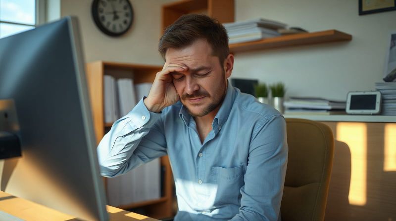 Man rubbing his eyes at a home office desk