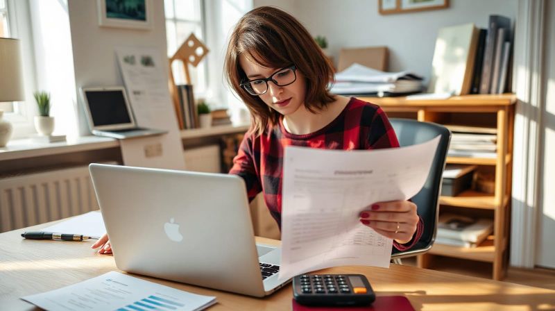 Self-employed worker at a desk with accounts and a laptop applying for a mortgage