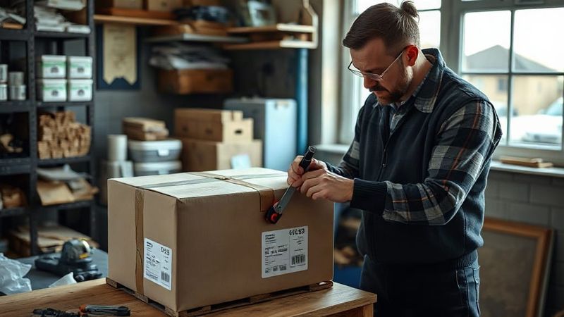 Small business owner preparing a parcel with a customs label