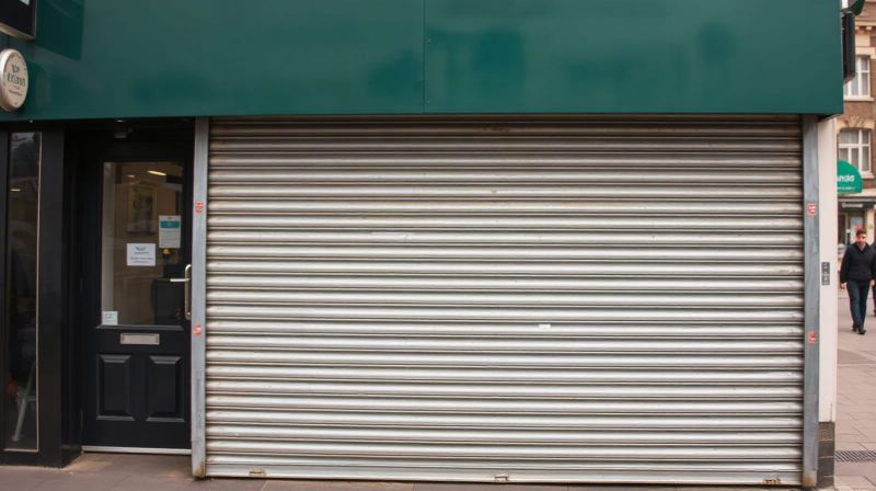 A closed independent shopfront with shutters down
