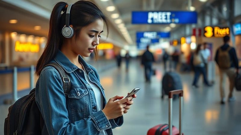Student at a UK airport arrivals hall scanning a QR code on a smartphone