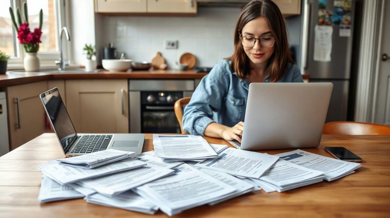A woman in her thirties reads several pension statements spread across a kitchen table