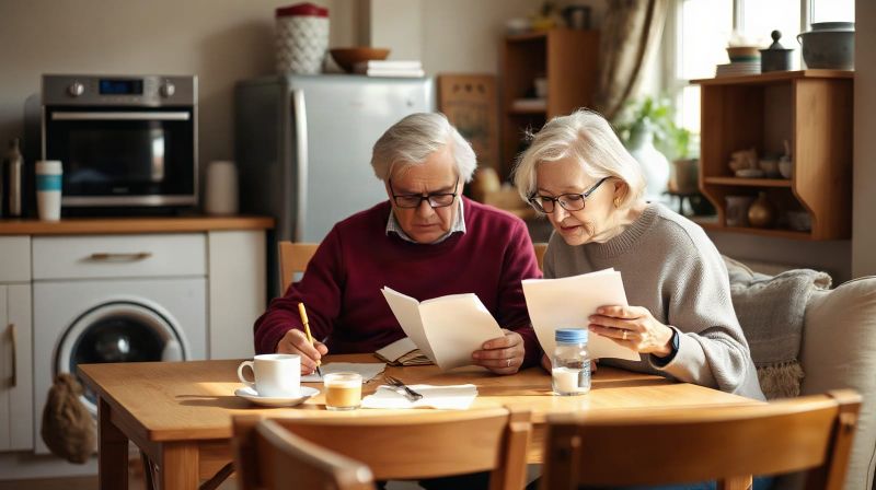 Older couple reading a letter at a kitchen table, documentary photograph