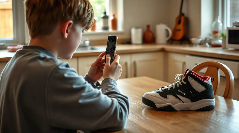 A teenager photographs trainers to list for sale on a phone at a kitchen table