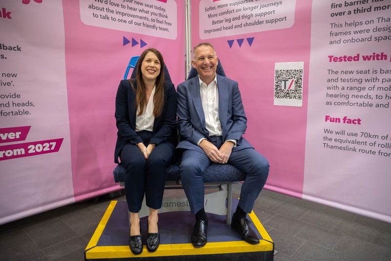 Siemens Mobility CEO Aglaja Schneider and GTR CEO John Whitehurst trying the new Thameslink seat at London Bridge
