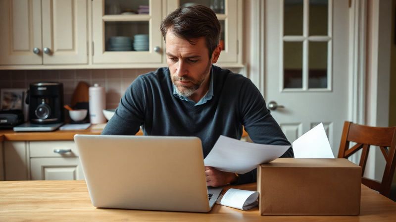Man reviewing tax paperwork at a kitchen table