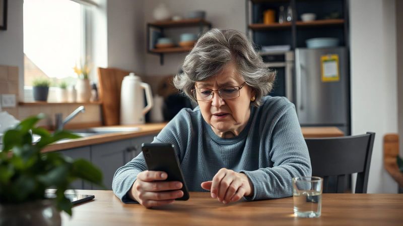 Woman looking at her phone with concern at a kitchen table