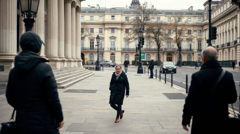 Civil servant walking along Whitehall in London on an overcast autumn morning