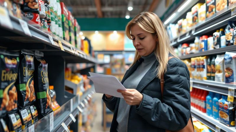 A woman compares prices on a supermarket shelf while holding a shopping list