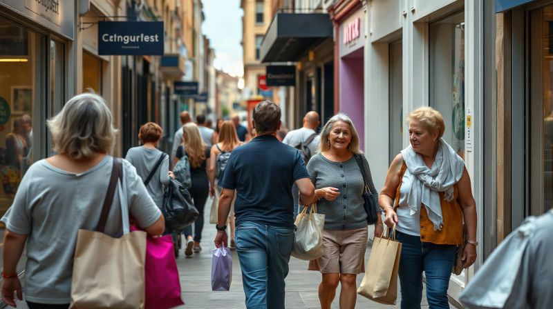 Shoppers carrying bags on a busy UK high street