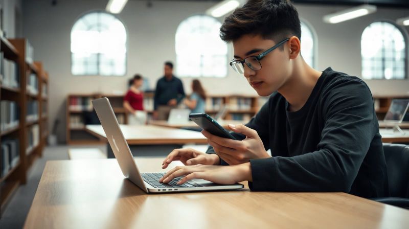 Young adult checking savings on a phone at a desk