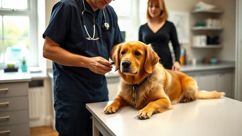 Vet examining a golden retriever on a consultation table in a UK practice
