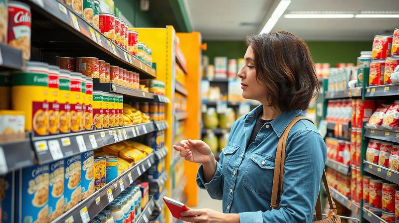 A shopper compares prices on a supermarket shelf of store cupboard staples