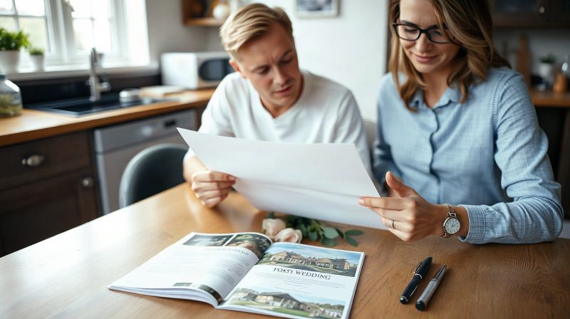 Couple reviewing wedding paperwork at a kitchen table