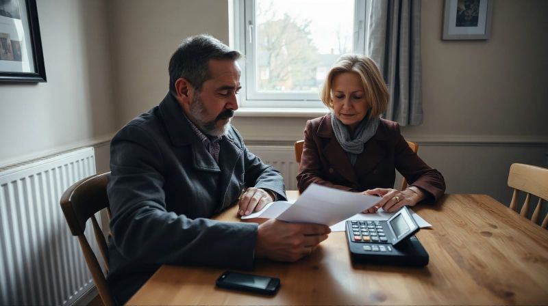 Couple reviewing winter fuel payment documents at home, discussing the 2026 opt-out deadline.