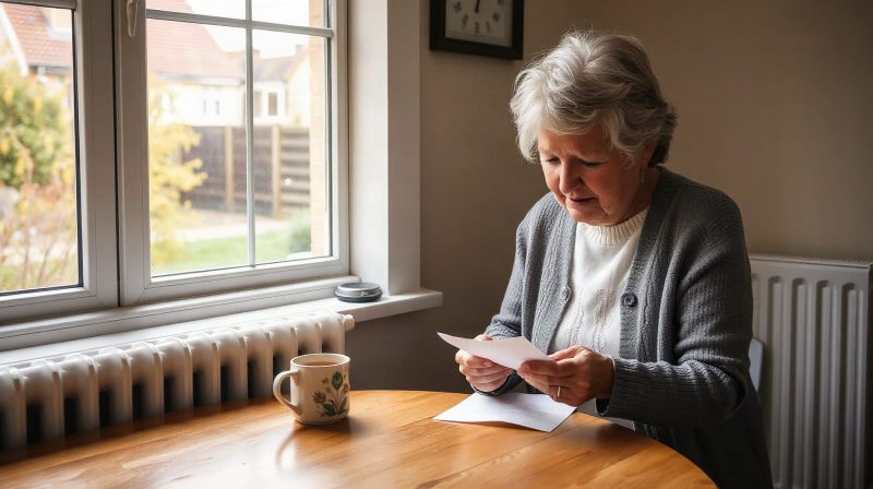 Older woman reading a letter at a kitchen table beside a radiator