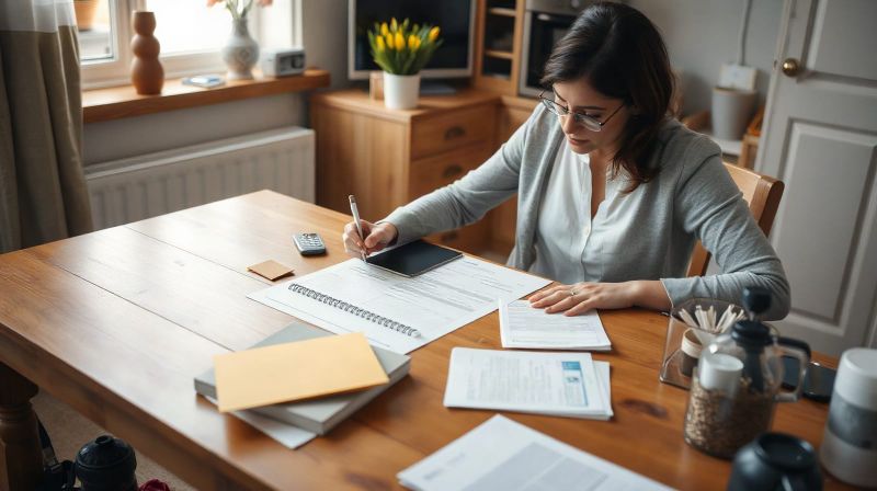 Person completing a benefits form at a kitchen table