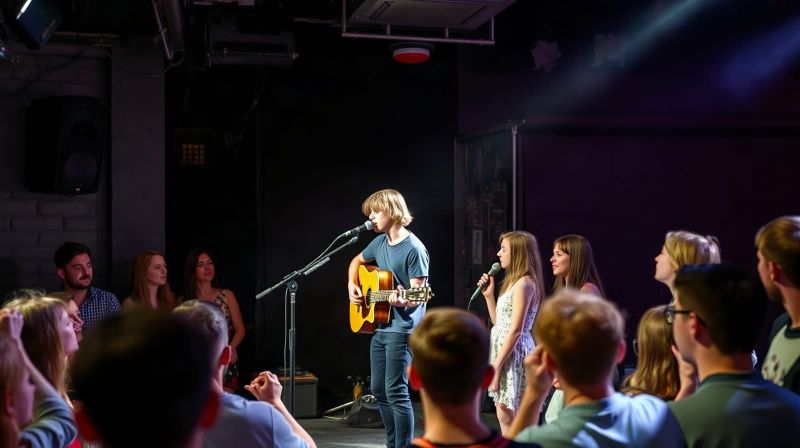 A student performs with an acoustic guitar on a small stage in front of a young audience