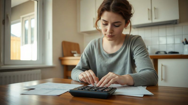 Woman going through household finances at a kitchen table