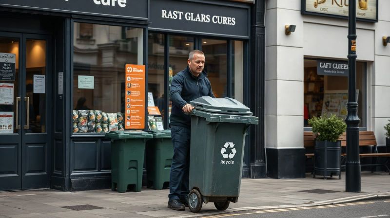 Business owner moving a commercial waste bin