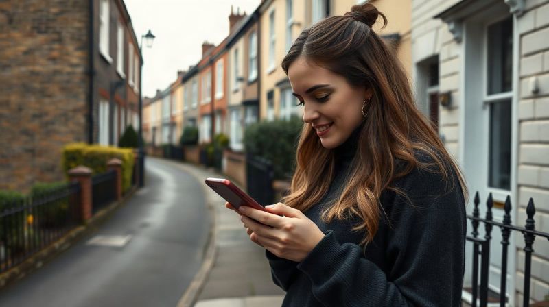 Woman checking broadband availability on her phone outside her home