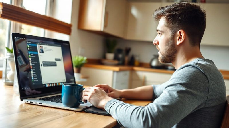 Man at a kitchen table using an AI chat assistant on a laptop, illustrating a guide to advertising in ChatGPT for UK users