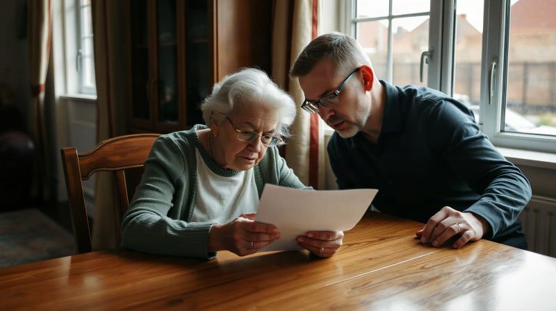 Older woman at a dining table reading a letter with a relative sitting beside her