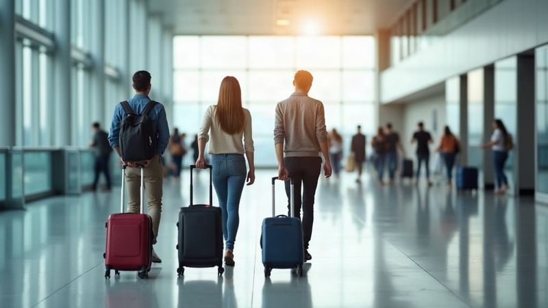 Travellers queueing at passport control in a UK airport arrivals hall