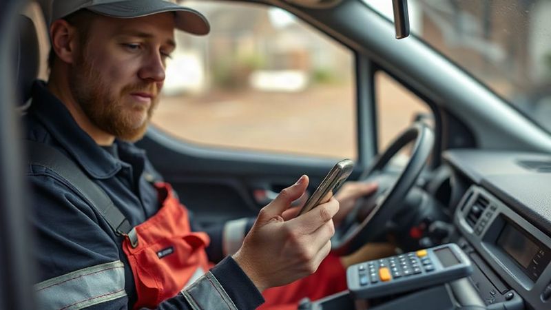 Tradesperson reviewing a subscription invoice in a van