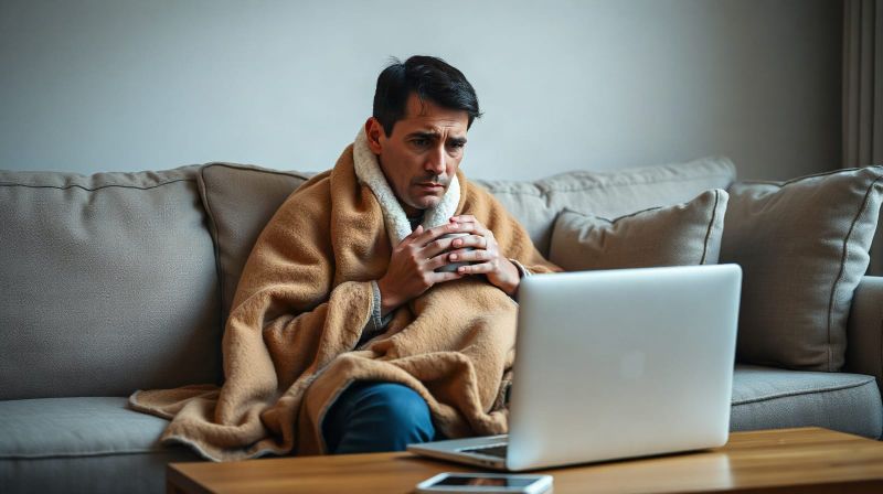 Person wrapped in a blanket on a sofa with a mug, working from home paused, unwell