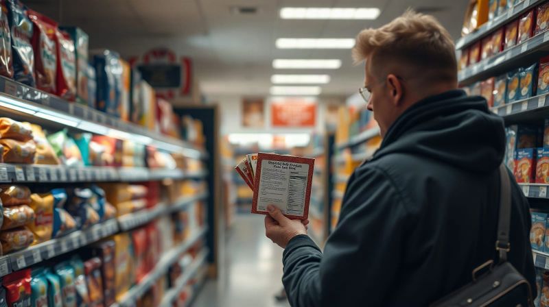 Packaged snack bars on a supermarket shelf, close view, no readable brand names