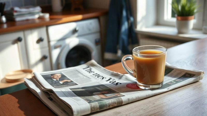 A newspaper and a cup of tea on a kitchen table
