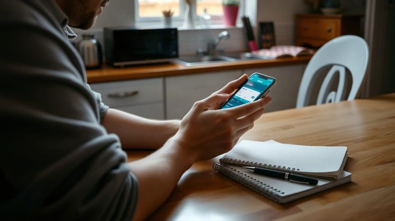 Person at a kitchen table checking a savings account on a phone