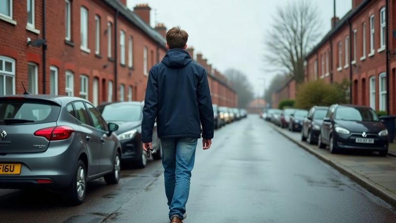 Young driver walking down a wet residential street of red brick terraced houses with car keys in hand
