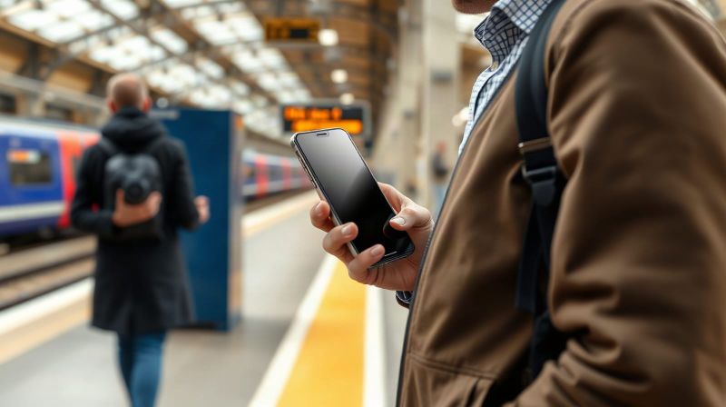 Passenger on a station platform holding a phone showing a rail e-ticket
