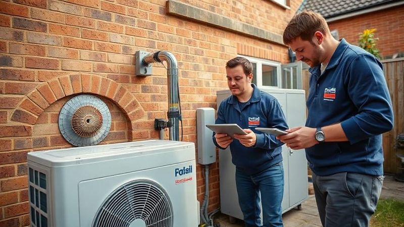 Plumbers installing a heat pump outside a house