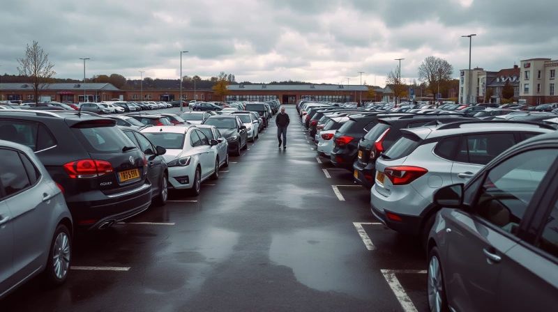 Rows of parked cars in an open-air retail car park on an overcast day