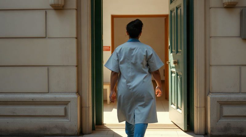 Care worker in uniform walking out of a building into daylight, seen from behind