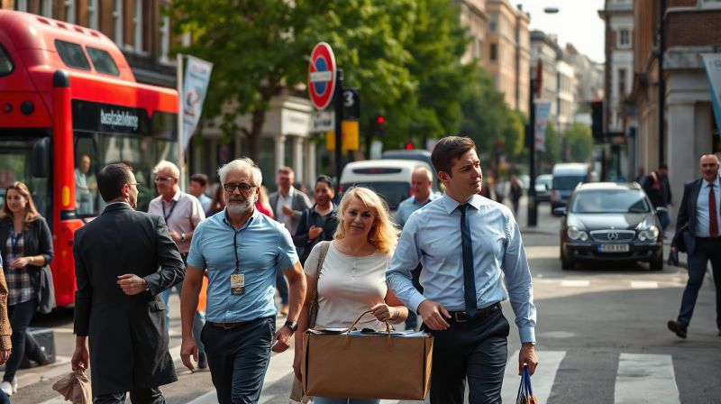 Office workers crossing a London street during the morning rush hour