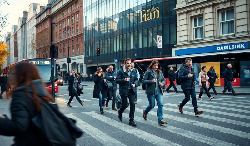 Office workers crossing a busy street in the City of London on a weekday morning