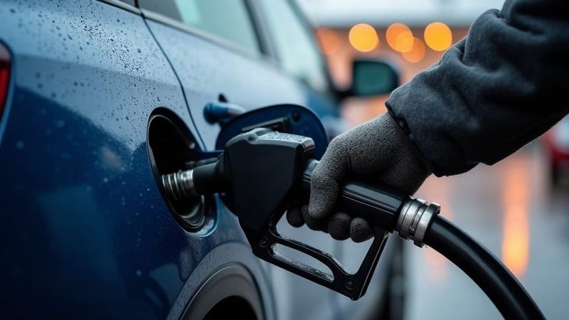 Gloved hand refuelling a car with a fuel nozzle on a rainy day