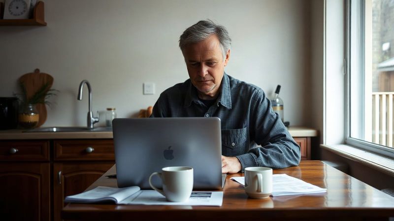 Person at a kitchen table reading the week's news on a laptop with paperwork beside them