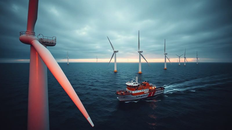 Offshore wind turbines at sea off the UK coast at dawn