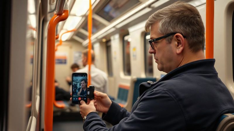 Man streaming video on a phone on a train